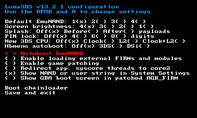 Luma3DS Menu, top screen